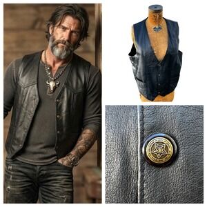 Vintage Vilanto Black Leather Vest‎ Made in USA Western Biker Grunge Mens XL